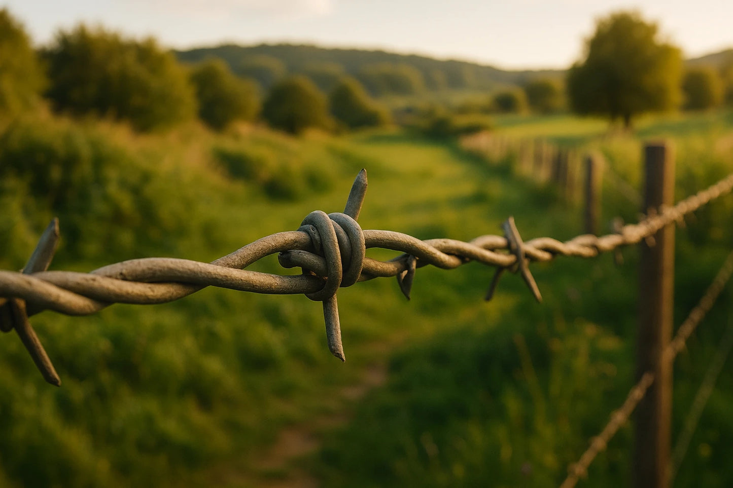 Fil barbelé galvanisé installé sur clôture champêtre pour protection et délimitation