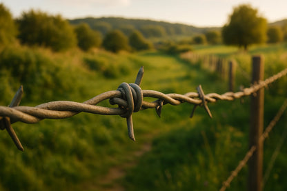 Fil barbelé galvanisé installé sur clôture champêtre pour protection et délimitation