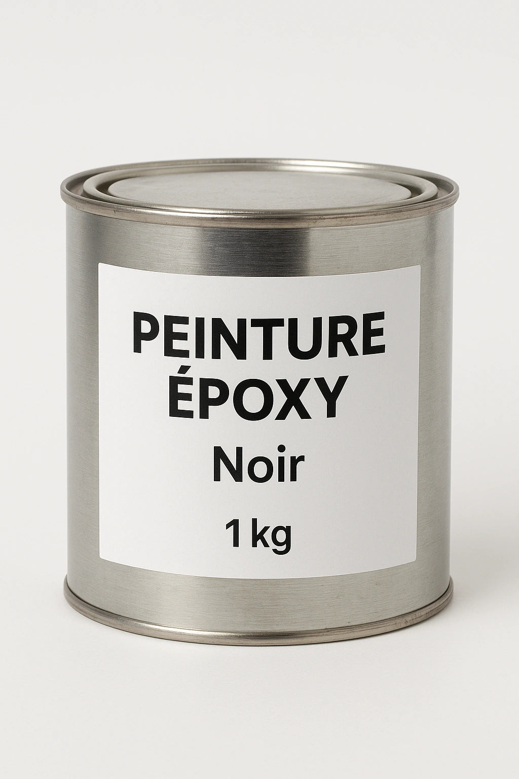 Pot de peinture epoxy noir 1 kg sur fond blanc, idéal pour sols et surfaces industrielles