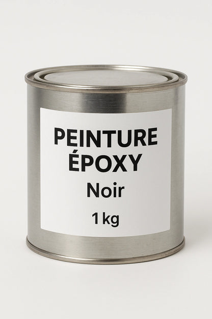 Pot de peinture epoxy noir 1 kg sur fond blanc, idéal pour sols et surfaces industrielles