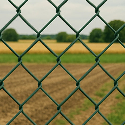 Grillage simple torsion vert maille 45x45 mm en fil 3 à 3,5 mm, idéal pour clôtures de jardins et terrains de sport en campagne.