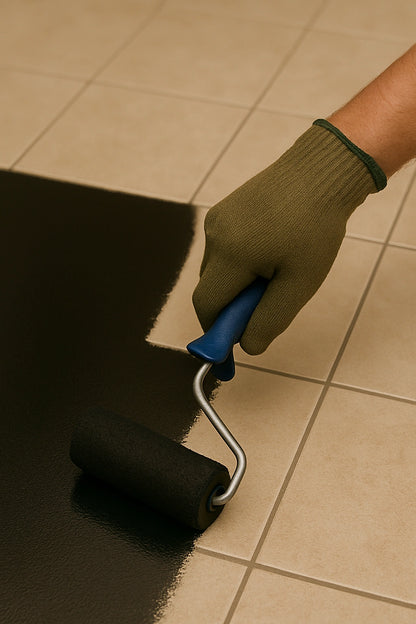 Main d’un artisan appliquant de la peinture époxy noire sur un sol carrelé à l’aide d’un rouleau